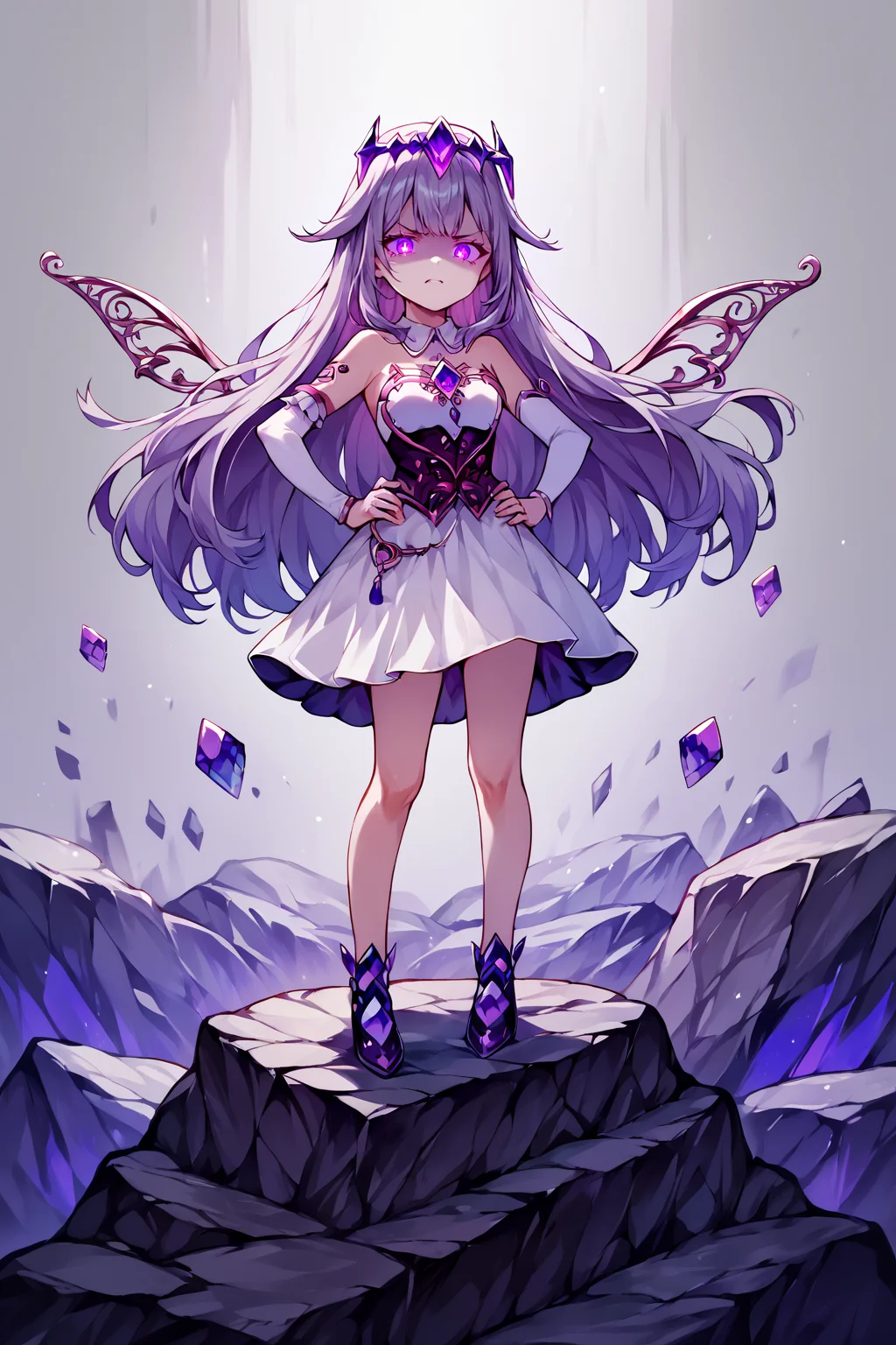 score_9, score_8_up, score_7_up, score_6_up, score_5_up, score_4_up, masterpiece, absurdres, solo, 1girl, standing on rock pile, BijouBase, long hair, hair flaps, purple gemstones, floating headpiece, detached collar, white dress, medium dress, strapless, black corset, waist cape, coattails, single detached sleeve, white sleeves, arm garter, armlet, detached wings, disgusted face, looking at viewer, shaded face, glowing eyes, hands on hips, <lora:ChamKosekiBijouPonyXL:0.8> <lora:disgusted_face_xl_goofy:1>