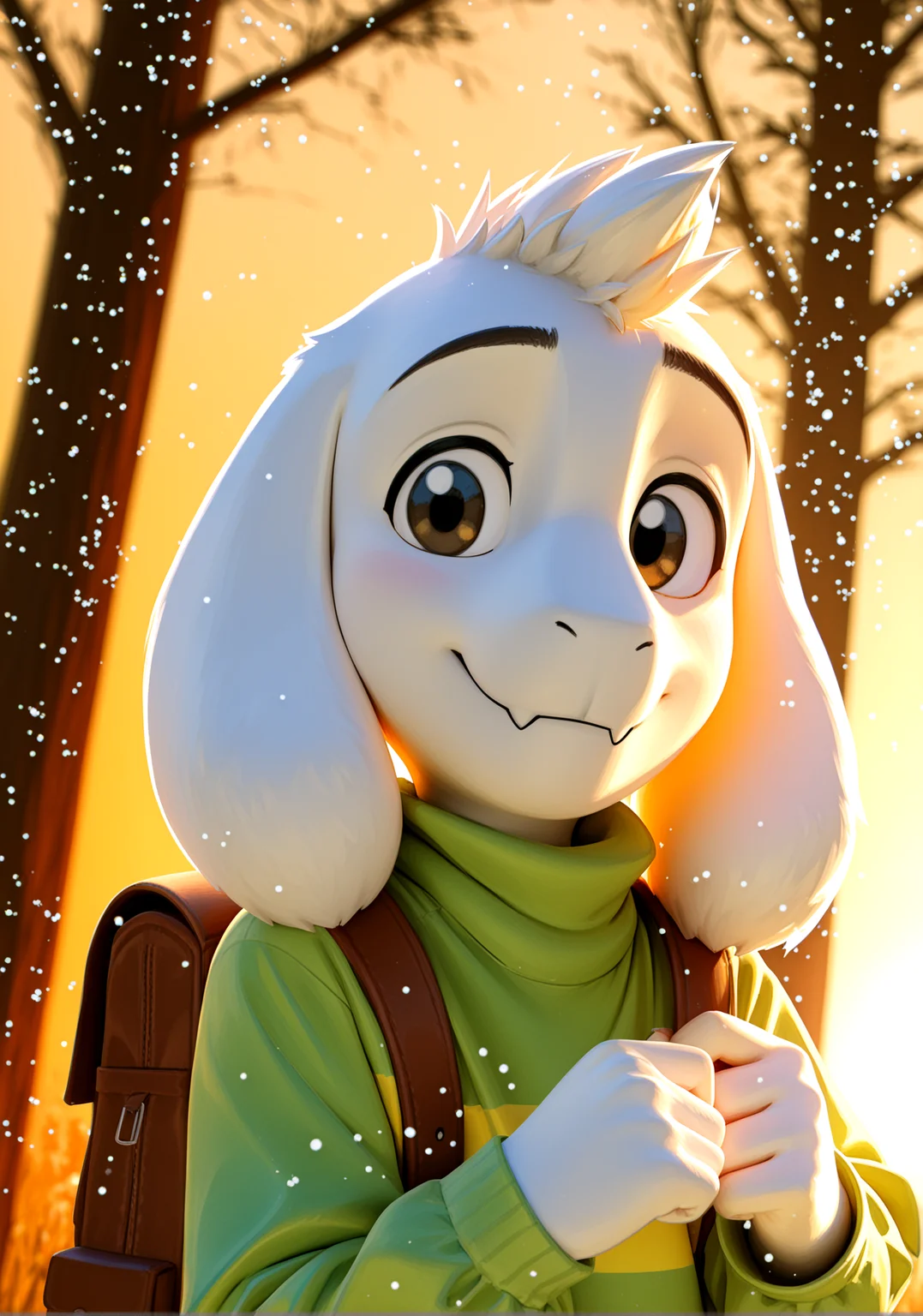 (impressionist painting:1.3), 1boy, <lora:AsrielIllustriousNAI-000030:0.8> Asriel Dreemurr, undertale, caprine, cub, young
pine forest, sunset BREAK
portrait, brown backpack, backlighting, smile, looking at viewer, dutch angle, high angle, CGI, 3D, HDR, IMAX, particles, cinematic shadows, cinematic light, (ambient occlusion, raytracing, film-style contrast, chromatic aberration, depth of field), detailed background, <lora:spo_sdxl_10ep_4k-data_lora_webui:1> perfect quality, best quality, detailed environment, clear composition, absurdres, very aesthetic, high resolution, newest (masterwork, masterpiece, hyper-detailed, 8k uhd), BREAK
(SuperQuality:1.0) ~ (SuperQuality:1.2)âââ