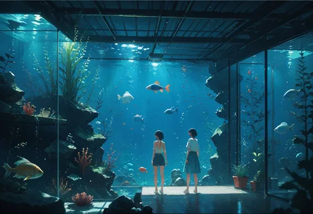 score_9, score_8_up, score_7_up, source_anime, 2girls, aquarium, a lots of fish, seaweed, rock, <lora:lonely_universe_ALPHA:0.5> lonely_universe, blue theme, standing, looking at back, digital indicator,