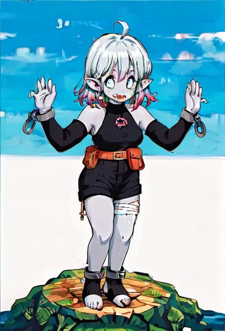 (1girl, solo,, , chibi, pixel art, full body, bulma \\(dragonball\\), aqua hair, blue eyes,, (BriarLoLXL, white eyes, colored sclera, white hair, multicolored hair, gradient hair, short hair, hair between eyes, ahoge, pointy ears, sharp teeth, pale skin, grey skin, colored skin, medium breasts, bare shoulders, black thight dress, jewelry, detached sleeves, black shorts, belt, (black bandaged leg:1.2), black legwear, toeless legwear, hands up, hands up in shackles, shackles on spiked weapon, single jewelry, runes, spiked weapon over shoulder:1.3):1.3),(Resting positions, full body focus, body focus:1.3),zPDXL3,SimplePositiveXLv2