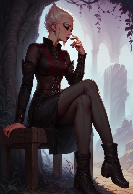 score_9, score_8_up,score_7_up, score_6_up, score_5_up, score_4_up,
BREAK, 1girl, bg3fem_warlock, pale skin, blue makeup, blue lipstick, red eyes, white hair, pointed hair,
BREAK, dark padded armor, reclining, marble gothic bench, marble gothic architecture, vibrant garden setting, fruit trees, bright daylight, diffused light, soft shadows, ground level shot,
BREAK, aesthetic, wallpaper, high quality, concept art, realistic, dark theme, low light, full body shot,