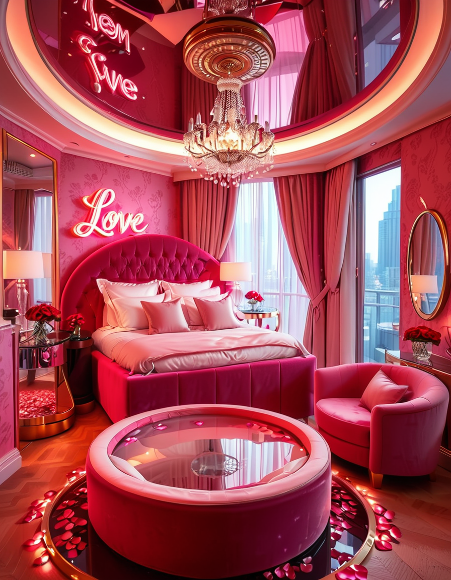 A luxurious, stylish love hotel room,love hotel r00m with a romantic and intimate atmosphere. The room features a large, round king-sized bed with silky red and black sheets, surrounded by soft, ambient lighting. Neon pink and purple LED lights illuminate the walls, creating a sensual glow. A plush velvet sofa sits near the bed, with a glass-topped coffee table holding champagne glasses and a chilled bottle of champagne. The ceiling has a large mirror, reflecting the entire room. On one side, thereâs a floor-to-ceiling window with sheer curtains, showing the night cityscape in the background. A modern jacuzzi tub with rose petals floating on the water is visible in the corner, surrounded by candles. The room has a sleek, modern design with a touch of opulence, including gold accents on the furniture and warm wooden floors. The lighting is dim and moody, emphasizing the romantic ambiance.
<lora:SDXLFaeTastic2400:0.4> <lora:extremely_detailed:0.4> extremely detailed, <lora:love_hotel_r00m:1>, Masterpiece,best quality,hi res,8k,hi res,8k,award winning,(sharp focus, intricate, highly detailed),