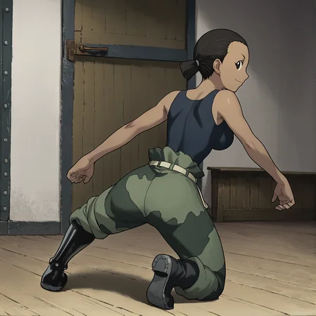 score_9, score_8_up, score_7_up, 1girl, solo, source_anime, aninyaFMA, dark-skinned female, tank top, black hair, black eyes, ponytail, <lora:PaninyaFMA:1> prosthetic leg, camouflage, boots, dynamic pose, looking at viewer, smiling, big breast, from behind, looking back, ass,