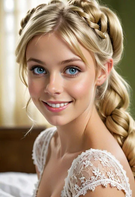 (Tinker-Bell, Provocative, perky) Amazing blonde, pigtails, white Lace Negligee, perfect face, amazing eyes, perfect eyes, detailed, realistic, professional photography, hyper-detailed, beautifully color-coded, insane details cute-smile