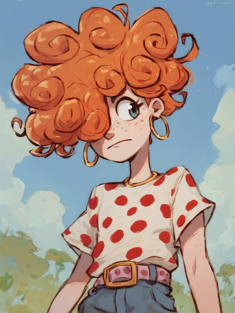 <lora:LeeKankerPony1.0:0.55> leekanker, hair hair over one eye, orange hair, 1girl, hoop earrings, polka dot clothing, solo, freckles, curly hair, belt, upper body,outdoors, score_9, score_8_up, score_7_up, score_6_up