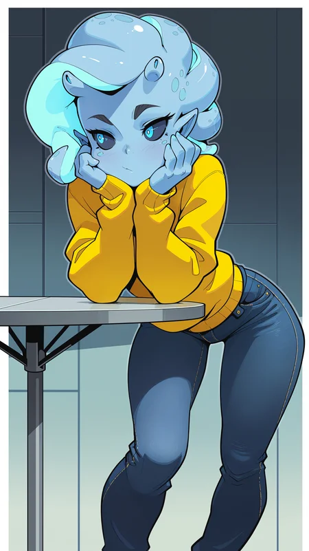 masterpiece, best quality, amazing quality, girl, <lora:Crestyle_Illu_epoch_15:0.8>, Crestyle, dynamic pose, head rest, alien girl, blue skin, blue eyes, tentacle hair, yellow sweater, jeans, science fiction, futuristic,