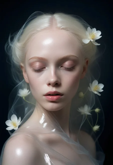 Hyper-realistic photo of a professional model with pale skin posing for a fashion photoshoot.(Eyes are closed) She is entirely wrapped in transparent film,with tons of flowers under the film covering her skin. The shot is a mid-body shot., symmetry and balance,<lora:add-detail-xl:1>,<lora:MJ52:0.5>,artistic photorealism , smooth, great masterwork by Suiras <lora:add-detail-xl:2> <lora:Double_Exposure:0.5>(electricblue and unique colors:0.1), (Dark Fantasy Aesthetic:1.2), (Glamour:1.3) photo of a 20yo, (strikingly beautiful:1.2) vivacious, enigmatic, ethereal, (albino:1.3) (nymph:1.3), (albinism:1.4), Lengthened Rectangular Face with Noticeable Jaw and Cheekbones, Clean, Straight Eyebrows, Wide-Set Close-Set Eyes, Majestic Aquiline Nose, Full Lips, windswept (Fine) (stylish short white hair:1.3), (looking at viewer),(Ashen skin:1.3), (flawless skin:1.3), (shiny skin), diaphanous white dress, high neckline on dress, (foggy:1.4), (bathed in thick fog:1.4), (half-obscured:1.3), (Close up:1.2), Dutch Angle), (dynamic composition:1.2), (shallow depth of field:1.2), bright lighting vibrant, in the style of (Ansel Adams:1.3) (Rule of thirds:1.1) Show less