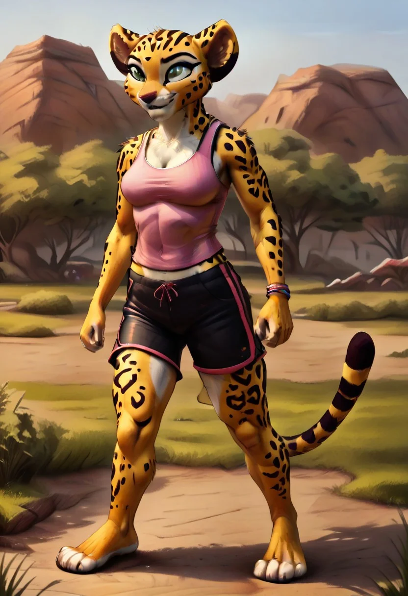 (((Barefoot furry character, full body, cinematic setting, furry male, plantigrade)))
(((Fuli))), cheetah girl, (((wearing pink tanktop and shorts))), wearing sports sandals, wearing bracelets and anklets, stands in a bustling city, (((mark of the lion guard on her left shoulder)))
BREAK, intricate details, highly detailed, extreme detail, octane render, fine art, best quality, highres, (detailed face:1.5), ((full_body)), UHD, (((perfect hands))), low light