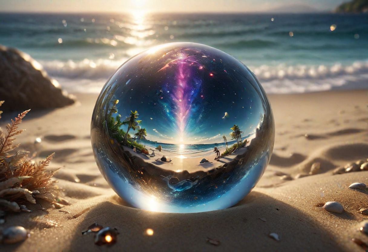 [[glass]] ball with a ((galaxy inside)), a galactic storm inside, space reflection beige, lies on a squeak on the beach, 8k, vray, IMax, hyperrealism, perfect light, bokeh Carl Zeiss 85mm, small depth of field, photorealistic, masterpiece, high resolution, best quality, cinematic shot, ultra-detailed, super realistic, Hyperrealistic art, high-quality, ultra high res, highest detailed, lot of details, Extremely high-resolution details, photographic, realism pushed to extreme, incredibly lifelike,