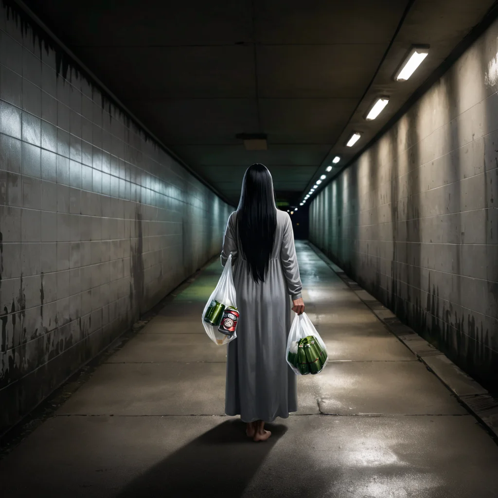 best quality, very aesthetic, absurdres,
Girl standing in the distance,(holding a plastic bag, bag in vegetable and beer can:1.4)
realistic
[(yamamura sadako:1.3):0.3],black hair,black eyes,),very long hair,straight hair,hair over one eye, long bangs,expressionless,(gray skin:1.2), standing, skinny, white spooky dress, simple long dress, long sleeves, barefoot, 
scenery, perspective, night, concrete wall, underpass background, blurry background, (small puddle,reflection:0.1), (dark:1.8), horror \(theme\), green light, drop shadow,(from behind:1.9),(leaning back:1.7), <lora:Fixhands_anime_bdsqlsz_V1:1>, zPDXLrl ,<lora:Underpass:0:0.6>