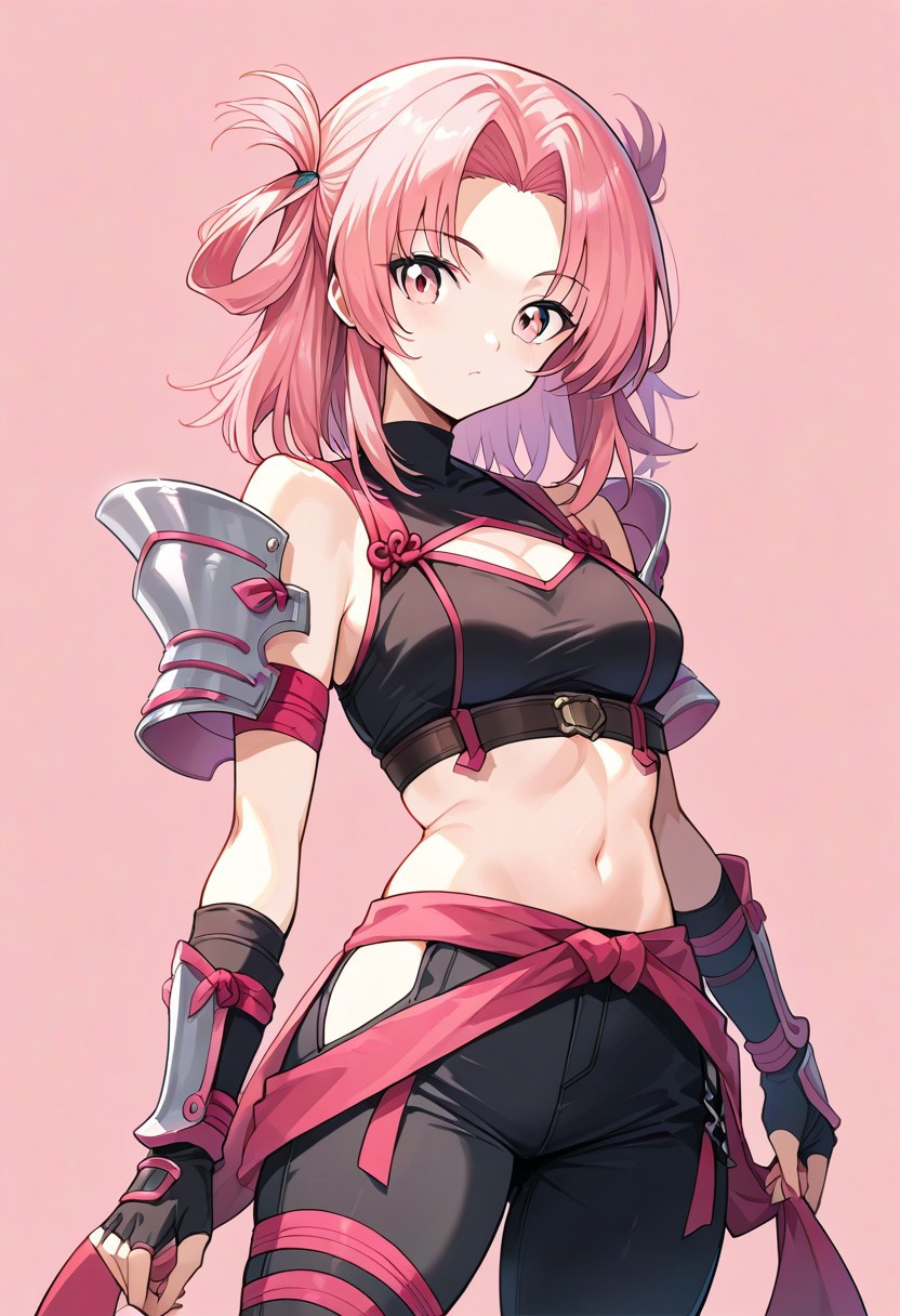 score_9, score_8_up, score_7_up, c3l3st3, pink hair, pink eyes, black top, shoulder cutout, ninja, holding kunai, kurokote (armour), muneate (armour),  black pants, source_anime, ntm,