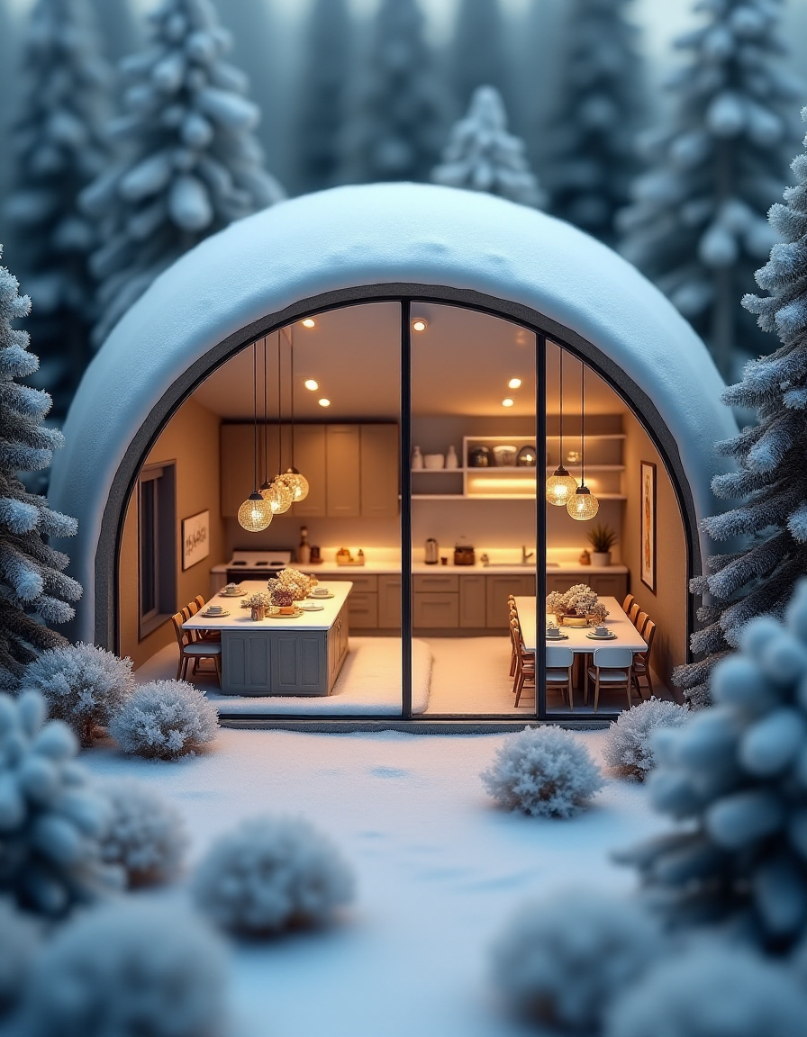 (indoor,very wide isometric view,tilt-shift lens:1.6), (miniature,diorama,no_realistic,no_photo:2) of (stasis _chamber:1.5),winter,modern glass building with kitchen with dinning room