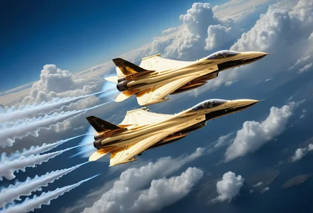 GOLD LIQUID METAL jet fighters, racing through SILVER LIQUID METAL clouds, liquid metal sprays from there jets, flying through a BLUE LIQUID METAL sky