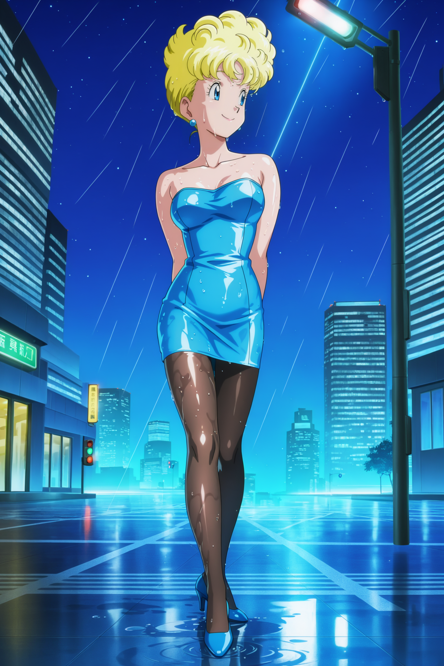 anime screencap, absurdres, high quality, official style, 
panchy, blonde hair, short hair, curly hair, blue eyes, star \(sky\), neon, skyscraper, long blue pencil dress, collarbone, bare shoulders, pantyhose, blue high heels, looking back, from behind, smile, night sky, star \(sky\), wet floor, rain, wet hair, wet clothes, wet skin, traffic light, dappled moonlight, 
 <lora:Panchy_IL:0.8>