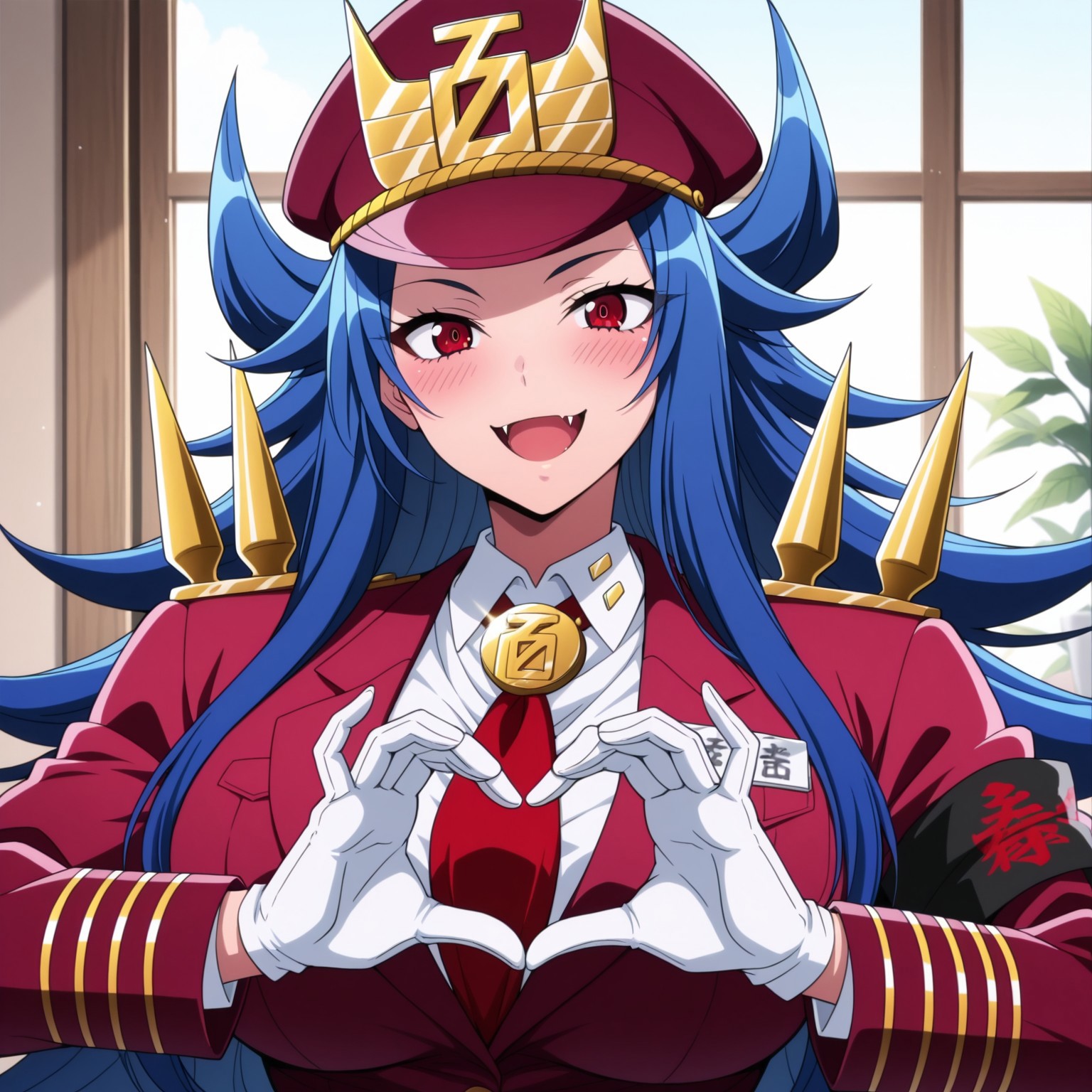 masterpiece,best quality,masterpiece,best quality,amazing quality,good quality, absurdres,rich colors,beautiful eyes,detailed eyes,detailed pupils,perfect face,perfect eyes,1girl,cute Momoko Hyakushiki,chibi,blue hair,very long hair,spiked hair, red eyes,fangs,large breasts,red military uniform,red jacket,name tag,gold ornaments,peaked cap,red headwear,gold shoulder spikes,red necktie,armband, white gloves,smile,open mouth,blush,heart hands,looking at viewer,upper body portrait,indoors,day bedroom