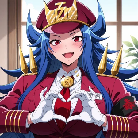 masterpiece,best quality,masterpiece,best quality,amazing quality,good quality, absurdres,rich colors,beautiful eyes,detailed eyes,detailed pupils,perfect face,perfect eyes,1girl,cute Momoko Hyakushiki,chibi,blue hair,very long hair,spiked hair, red eyes,fangs,large breasts,red military uniform,red jacket,name tag,gold ornaments,peaked cap,red headwear,gold shoulder spikes,red necktie,armband, white gloves,smile,open mouth,blush,heart hands,looking at viewer,upper body portrait,indoors,day bedroom