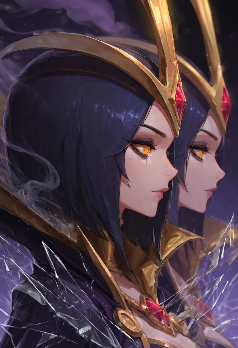 best quality, masterpiece, highly detailed,
bokeh,
leblanc from league of legends, close up, golden eyes, red gemstone, short hair, make up, yellow eyes, crown,
broken glass, smoke and mirrors, clones, twins, reflections, 3/4 profile