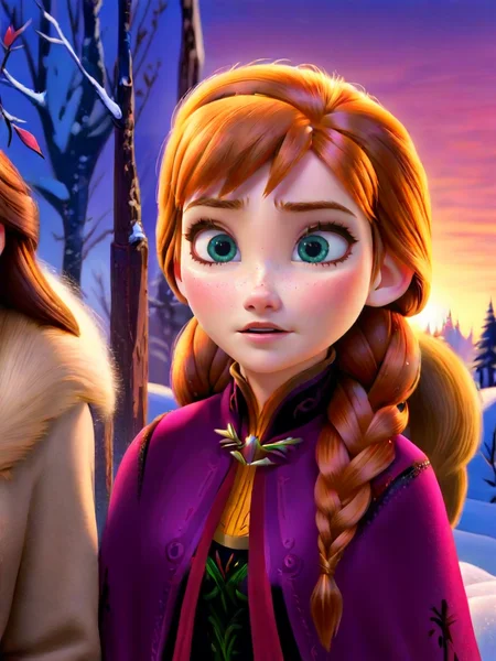autom outfit, anna, A close-up scene featuring two characters from frozen, standing close to each other in a snowy landscape during sunset, looking at another, brown hair, parted lips, outdoors, orange hair, tree, window, profile, freckles, realistic,   
<lora:princess_rc_il:0.9>