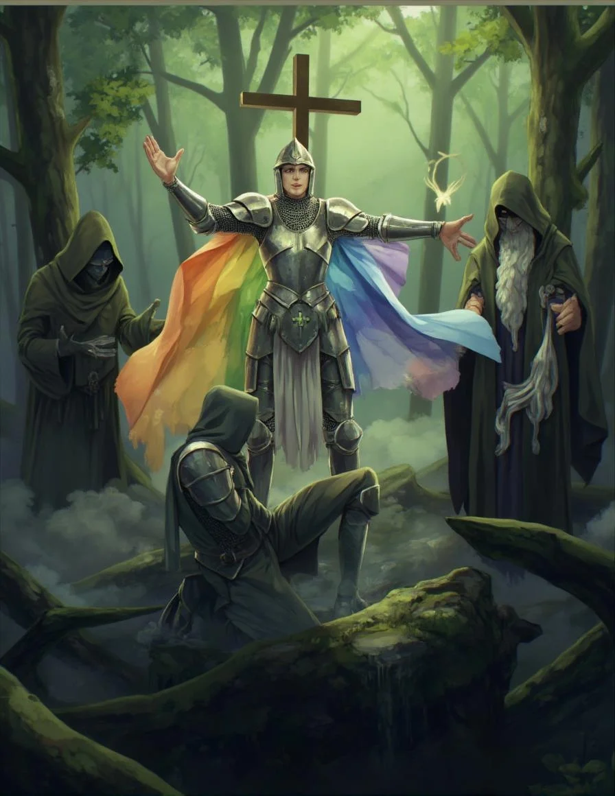 <lora:ck-LttleGhost-000011.safetensors:1> in the style of ck-lttlegh0stA knight stands guard amidst a misty forest floor, his radiant rainbow-tinted cape fluttering behind him as he holds a holy cross. A hooded figure kneels at his left, praying for redemption, while another cloaked individual on the right exudes mystical authority, their outstretched hands channeling an otherworldly energy.