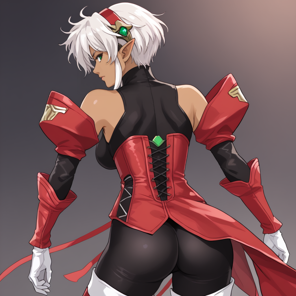1girl, solo, from back <lora:DominiaXLpony:1> Dominia, green eyes, white hair, short hair, hairband, pointy ears, dark skin, large breasts, bare shoulders, red sleeves, white gloves, black bodysuit, red corset, thighhighs, boots,