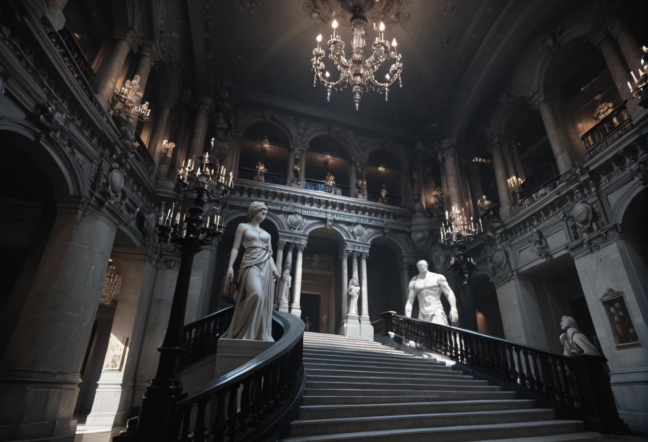 ,ruanyi0762,chandelier,statue,indoors,pillar,stairs,<lora:0762 opera house_v1_pony:1>, score_9,score_8_up,score_7_up,,8k,1girl,solo,