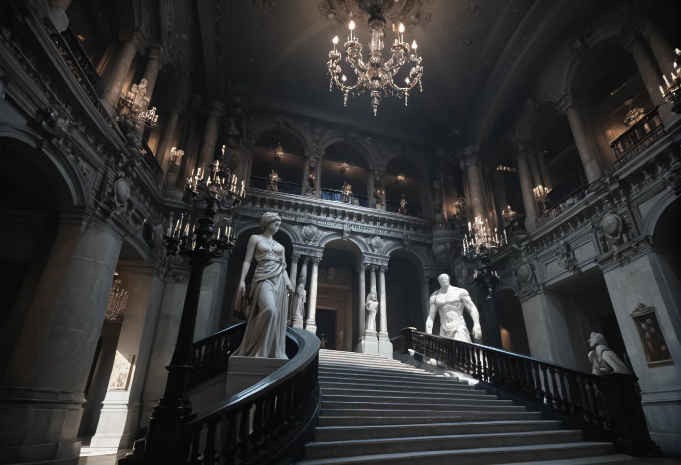 ,ruanyi0762,chandelier,statue,indoors,pillar,stairs,<lora:0762 opera house_v1_pony:1>, score_9,score_8_up,score_7_up,,8k,1girl,solo,