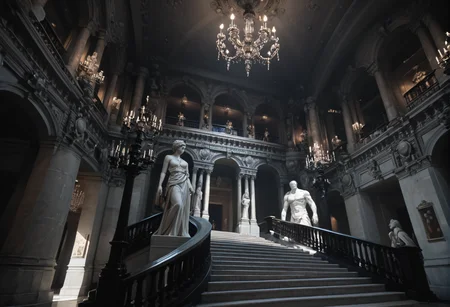 ,ruanyi0762,chandelier,statue,indoors,pillar,stairs,<lora:0762 opera house_v1_pony:1>, score_9,score_8_up,score_7_up,,8k,1girl,solo,