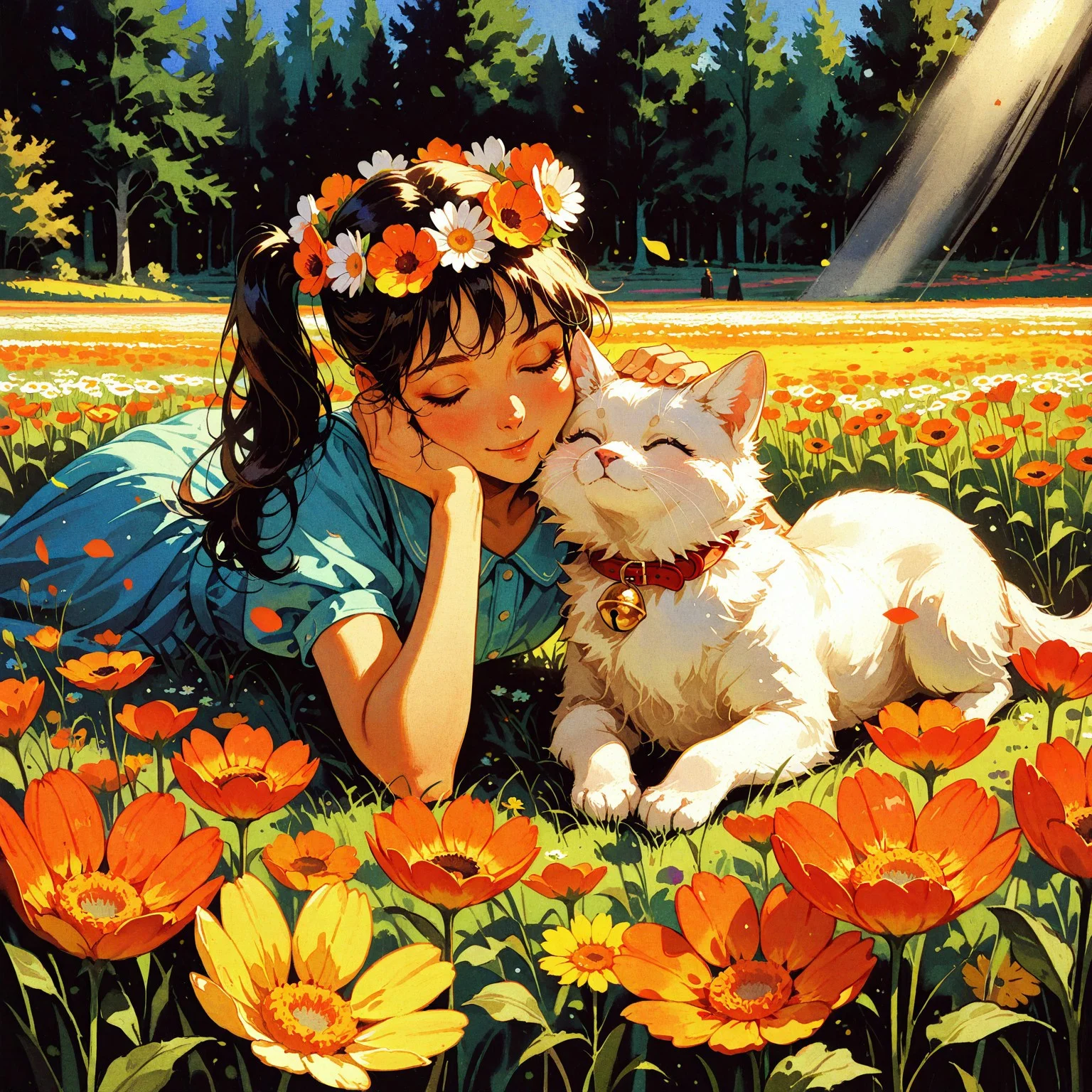 masterpiece, best quality, good quality, newest, highres, absurdres, scene, (volumetric lighting)   BREAK
1girl, 
A young girl with long, colorful, flowing hair styled in a side ponytail sits in a vibrant flower field, her back resting against a fluffy kitten. She tilts her face upwards, eyes closed, a peaceful expression on her face. A slight smile plays on her lips as she enjoys the gentle breeze. She wears a light, summery dress, and a delicate flower crown adorns her head. A fluffy kitten with a collar and bell nuzzles against her cheek. The flower field is bursting with color: wildflowers of all varieties – daisies, poppies, lupines – sway gently in the breeze. Sunlight bathes the scene in a warm, golden glow. The overall mood is serene and joyful, a celebration of nature and companionship.
mountains on background,
gop, oil painting \(medium\), dark,  low-key, retro_artstyle,   