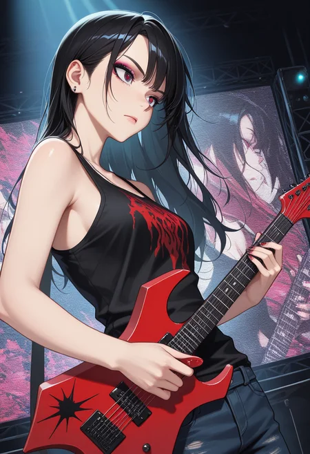 masterpiece, best quality, Graphic Design, color art, vibrant colors, colorful, intricate details, high contrast, detailed background, beautiful detailed, beautiful face, detailed eyes, detailed face, new, newest, w4rl0ck, instrument, electric guitar, holding instrument, playing instrument, 1girl, solo, long black hair, tank top, makeup, jeans, punk, stage, dutch angle, serious face, (upper body, perspective:1.4), from side, holding plectrum,