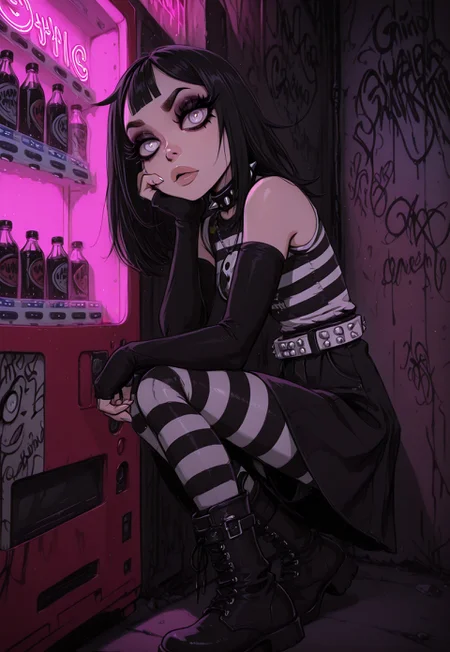 amazing masterpiece, best quality, best lineart, absurdres, ultra-high-resolution, intricately ultra-detailed, highly detailed face, sharp outlines, sharp lines, amazing film grain, 1girl,
Nia, black hair, spiked hair, medium hair, big eyes, white eyes, spiked collar, striped shirt, black sleeves, black gloves, fingerless gloves, white belt, black skirt, black footwear, boots, eyeliner, long_eyelashes, mascara,
 vending machine, graffiti, city,  punk bar,  striped pantyhose,  EGirlPFP, HPC-Illu, looking at viewer, neon sign