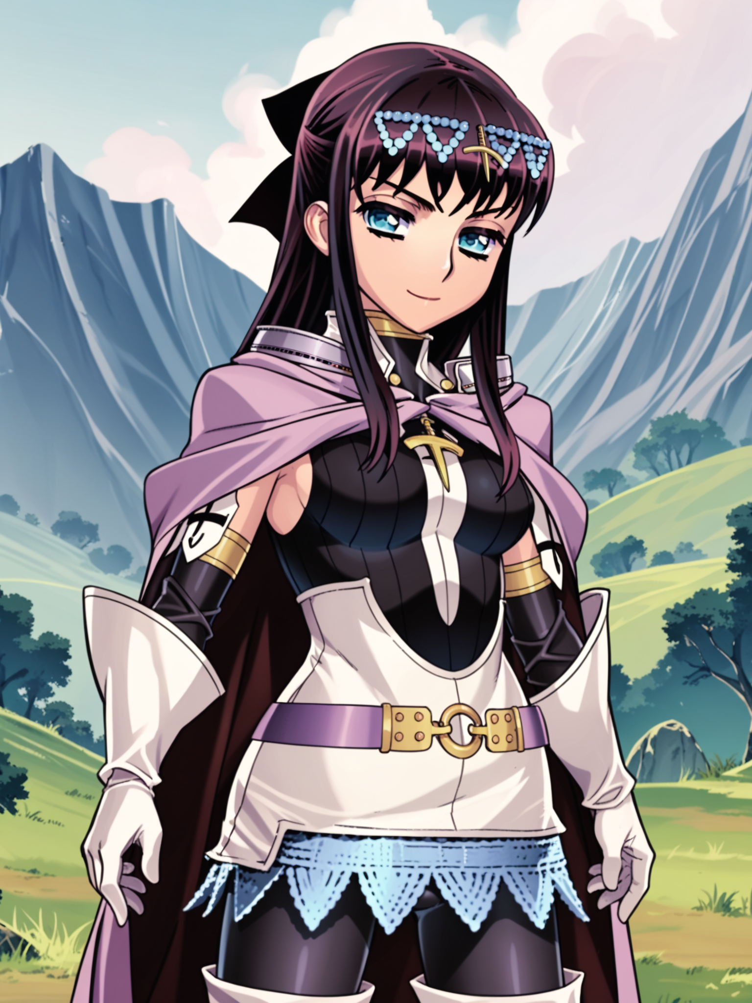 <lora:happy_tentacle-elseria-v0.5-000020>, ht_elseria, high collar, black dress, vertical-striped clothes, black pantyhose, thigh boots, white footwear, detached sleeves, pendant, armor, chainmail, belt, white gloves, purple cape, circlet, hair bow, outdoors , 1girl, solo, full body , half-closed eyes , (emotionless :1.1), , , , facing viewer , score_9, score_8_up, score_7_up, score_6_up, score_5_up, score_4_up, source_anime, anime screencap