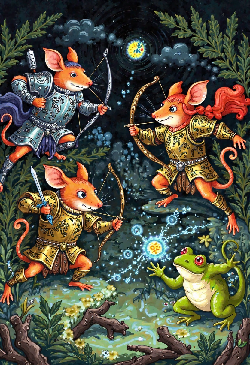 Clip L palech_styleIllustrate a fantastical battle scene between mice and frogs. The mice should be robust, armored fighters wielding bows and swords, while the frogs should be smaller and less well-armed, relying on magic and trickery to defeat their larger opponents. The setting could be a swampy battlefield under a murky sky, with vines and branches littering the ground. Show detailed animations of the mice's intricate armor designs and the frogs' magical spells, like flickering lights and floating objects. Use a muted color palette for the frogs and a brighter, more vibrant one for the mice to create contrast and excitement. The overall effect should be a whimsical yet tense clash of species, showcasing the ingenuity of both sides in the face of adversity. Illustration in the palech styleT5XXLpalech_styleIllustrate a fantastical battle scene between mice and frogs. The mice should be robust, armored fighters wielding bows and swords, while the frogs should be smaller and less well-armed, relying on magic and trickery to defeat their larger opponents. The setting could be a swampy battlefield under a murky sky, with vines and branches littering the ground. Show detailed animations of the mice's intricate armor designs and the frogs' magical spells, like flickering lights and floating objects. Use a muted color palette for the frogs and a brighter, more vibrant one for the mice to create contrast and excitement. The overall effect should be a whimsical yet tense clash of species, showcasing the ingenuity of both sides in the face of adversity. Illustration in the palech style