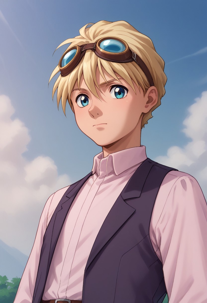 score_9, score_8_up, score_7_up, source_anime, highly detailed, 
raberba, solo, blonde hair, 1boy, male focus, brown pants, blue eyes, pants, upper body, shirt, standing, vest, purple vest, long sleeves, looking at viewer, pink shirt, short hair,  closed mouth, belt, googles, googles on head,
outside, sky,