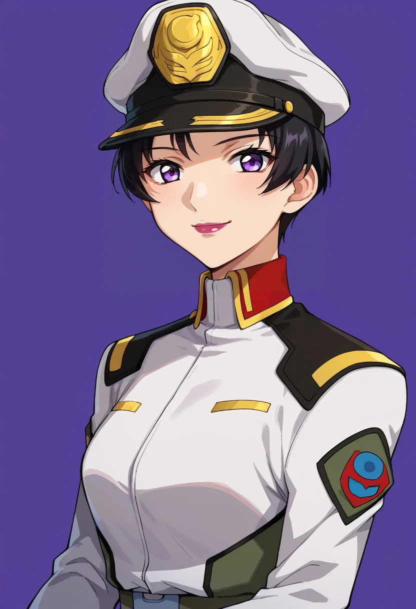 score_9,score_8_up,score_7_up,anime coloring BREAK source_anime,anime,<lora:Natarle_Badgiruel_Gundam_SEED_Pony:0.7>,natarle,1girl,solo,purple eyes,black hair,short hair,purple lips,peaked cap,military uniform,smile,multicolored background,looking at viewer,portrait,upper body,looking at viewer,