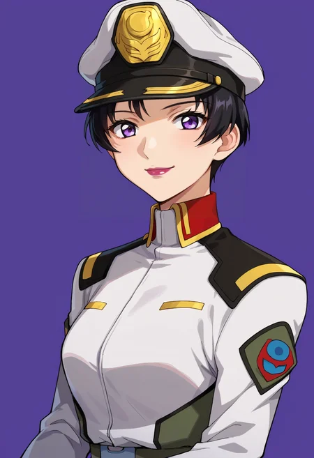 score_9,score_8_up,score_7_up,anime coloring BREAK source_anime,anime,<lora:Natarle_Badgiruel_Gundam_SEED_Pony:0.7>,natarle,1girl,solo,purple eyes,black hair,short hair,purple lips,peaked cap,military uniform,smile,multicolored background,looking at viewer,portrait,upper body,looking at viewer,