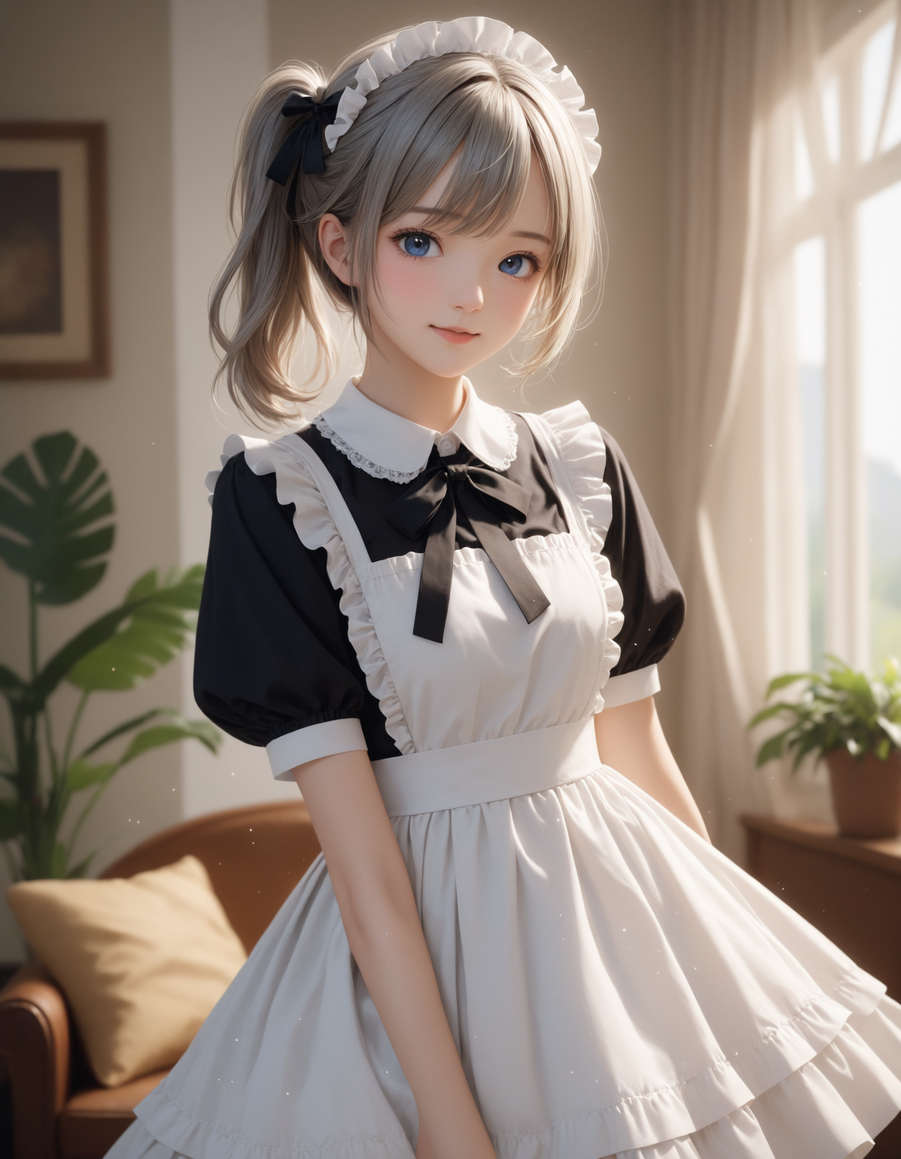 SceneDescription:
  - Composition: Cinematic angle.
  - Subject: A 18YO girl. (Chibi:0.45).
    - Characteristics:
      - Face: (Cute round face:1.1).
      - Eyes: Detailed dark-blue eyes and tsurime.
      - Hair: Medium hair, (side ponytail:1.1), big ribbon hair ornament, (gray hair), (gray inner hair), ahoge and asymmetrical bangs.
        - Elements: Maid katyusha.
      - Body: Detailed body. Large breasts.
      - Clothing: White collar, black ribbon tie, black maid tops, long black sleeves, white maid apron and (very long maid skirt:1.2).
      - Expression: Amused expression. Open mouth.
      - Posing: Contrapposto. Head tilt. Looking at viewer.
  - Background: Fashionable living room.
    - Elements: Decorative plants. Fashionable curtains. Private garden view from window.
Season: Summer.
Time: (Daytime:1.2).
Lighting: (Natural lighting:1.4).
ArtStyle: Gothic style. Photorealistic. Cute style.
Quality: Intricate details. Extremely detailed. Outstanding intricacies. (Masterpiece:1.2). (Best quality:1.2). (Absurdres absolutely resolution:1.4).
Mood: Cool atmosphere.
<lora:flat_sdxl:-0.2>