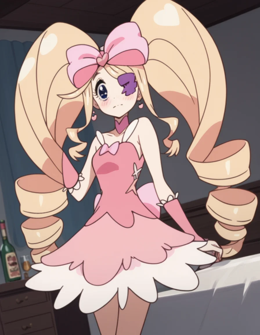 score_9, score_8_up, score_7_up, source_anime,
nuiharime, <lora:nui-harime-s1-ponyxl-lora-nochekaiser:1>,
nui harime, big hair, blonde hair, blue eyes, drill hair, eyepatch, hair bow, long hair, pink bow, twin drills, twintails,
boots, bow, dress, eyepatch, hair bow, pink footwear, strapless, strapless dress,
indoors, bed, bed room, on side, blush, drunk,
solo, dutch angle, looking at viewer, cowboy shot,