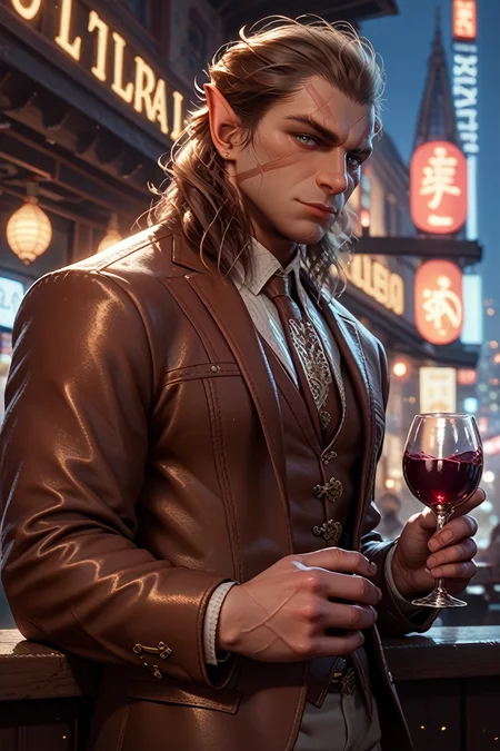score_9, score_8_up, score_7_up, score_6_up
<lora:BGHalsin:1.0>
BGHalsin, 1boy, brown hair, pointy ears, scar, looking at viewer, at an upscale rooftop bar, wearing a tailored blazer, city lights twinkling below, holding a glass of wine, sophisticated and urban atmosphere