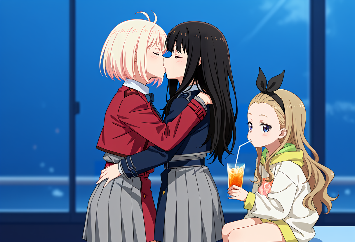 masterpiece, high quality, amazing detail, 3girls, otp_and_the_third_wheel_best_friend_(meme),
BREAK
nishikigi chisato, inoue takina, closed eyes, kiss, standing,
BREAK
kurumi \(lycoris recoil\), drinking glass, drinking straw, drink, sitting,
<lora:otp_and_the_third_wheel_best_friend_meme:1>