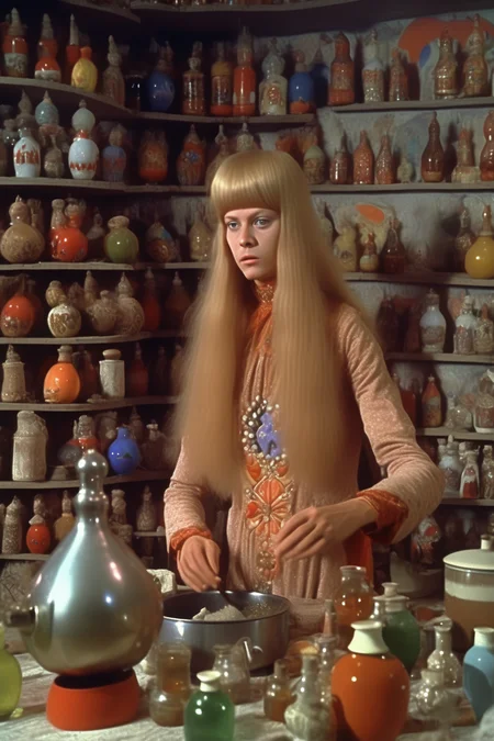 <lora:Director Agnes Varda style:1>Director Agnes Varda style - vhs freeze frame of the 1971 russian movie "vasilisa". the flaxen haired  is brewing a potion, wall full of russian orthodox icons, russian folk dress, fantastika, surreal, organic physical movement, in the style of home video, in motion