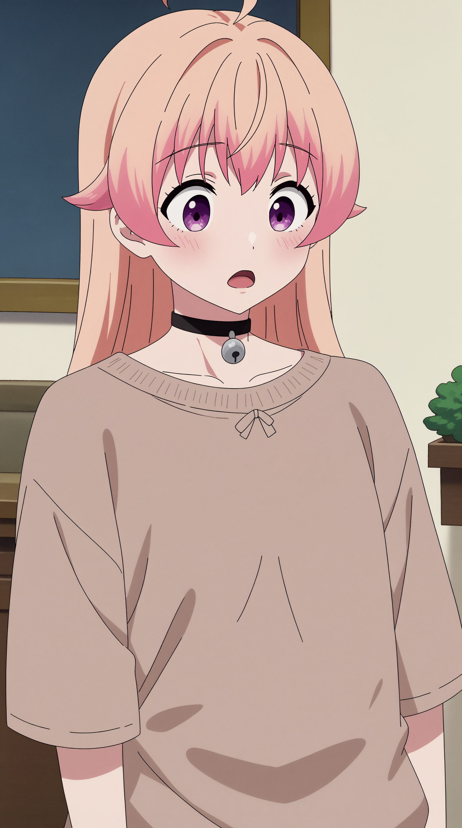 score_9, score_8_up, score_7_up, best background, detailed background, 4k, upscale, anime_source,  Nico Wakatsuki, solo, blush, open mouth, shirt, long sleeves, upper body, indoors, :o, sweater, black choker, bell, looking down, jingle bell, neck bell, brown shirt, oversized clothes, brown sweater, loose clothes  <lora:JN_Nico_Wakatsuki_Pony:0.8>