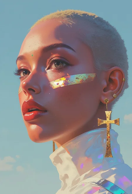 A hyper-detailed, avant-garde photograph featuring a striking Nepalese woman with pale light brown skin against a clear, light blue sky. Her full-face close-up highlights the smooth texture of her flawless complexion. Iridescent striped face markings elegantly stretch from her left cheek to her right cheek, adding an artistic touch. Shimmering metallic eyeshadow enhances the depth of her piercing gaze, while her glossy, deep red lips create a bold contrast to her skin.
Large, intricately detailed golden earrings shaped like a Christian Holy Cross reflect light, contributing to her modern allure. She wears metallic urban Buddhist monk clothing, with a turtle neck that enhances her avant-garde look. The reflective surfaces of her earrings and outfit create a dynamic interplay with the environment, emphasizing her sleek presence.
The minimalist background allows the viewer to focus on her eye-catching fashion and makeup. Captured with a Sony A7R IV camera and a 50mm f/1.2 G Master lens for a beauty editorial shoot, this composition highlights her fashion-forward aesthetic. Inspired by avant-garde fashion photography from Sølve Sundsbø, this image blends contemporary fashion and minimalist elegance, embodying mythp0rt and niji_flux styles for a sleek, high-fashion vision. ((glow_skin, iridescent skin, oily skin, portrait))