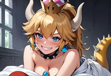 Bowsette put on a collar, (used a blanket to cover her body near mario :1.0), hug by mario wear his original uniform, Pretend to resist but actually love it a lot, dynamic pose, medium body shot, blush smiled, climax face,  bare arms, bare shoulders, coax, cleavage, acted like couldn't handle it, exhausted face orgasum but happy, (background is castle mario world),
 1girl, evil grin, looking at viewer,  (in mario world, background is mario games:1.0,)
score_9, score_8_up, score_7_up, rating_explicit, epiCPhoto, sharp avn award winning photo, ultrasharp, artistic photoshoot, masterpiece, best quality, detailed painting,