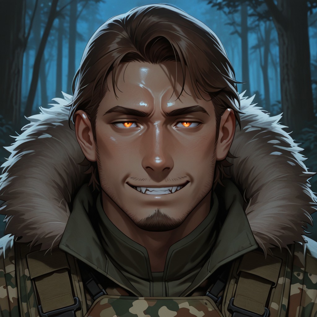 masterpiece, best quality, amazing quality, absurdres, newest, detailed background, definition so sharp, Ultra-HD, 8K cinematic, very awa, impressionate, amazing quality, highres, 
solo, male focus, manly, shadow, shiny skin,
shimonmakusu, shimon_brunette, shimon_orange eyes, 1boy, short hair, stubble, goatee, mature male, hunter, predatory_gaze, fanged_smile, wilderness, forest, camo_clothing, night_vision, stalking, silent, dangerous, survivalist, sharp_eyes, stealth, animal_pelt