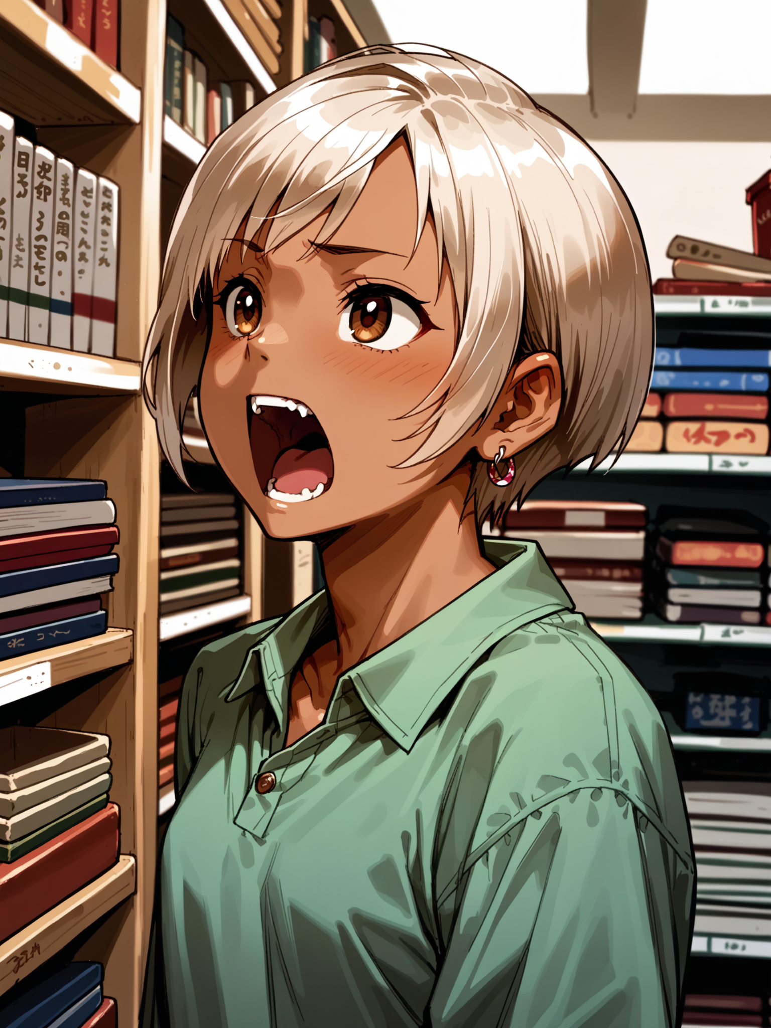 (upper body, solo focus:1.1) <lora:happy_tentacle-cherry_asuka-v0.1-000030:0.9>, ht_cherry_asuka, earrings, tan, brown eyes, (petite:1.2), <lora:Shed_The_Skin's StS_age_slider_v1_initial_release:-1.1> ( :1.1) ( , , ( :1.2) , screaming , :1.1) , indoors, ((day :0.6), :0.8), ( :0.9), (furniture:0.9), , , , , (east asian architecture :0.9), shop , (bookstore :1.2), shelf ( :0.8) score_9, score_8_up, score_7_up, score_6_up, score_5_up, score_4_up, ( [(realistic, photorealistic:1.3):(realistic:1.2):16] [(3d:1.2)::14] :1) <lora:LUUNA's Lunas-NijiJourney-SDXL-B2:0.35>, nijijourney <lora:prgfrg23's Counterfeit-V3.0 Style SDXL_LoRA_Pony Diffusion V6 XL:0.5> <lora:mfcg's mfcgXL:0.12> <lora:reweik's gyokai(himehajime)_PonyXL_style_v01:0.14>
