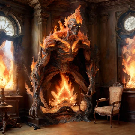 (xlomrblng:0.8) Surrealism, magnificent earth elemental sitting in a Victorian study, very detailed, intricate, (flames:1.21) <lora:xlomrblng:1>