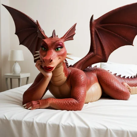 score_9, score_8_up, score_7_up, score_6_up, score_5_up, score_4_up, masterpiece, high quality, realistic, detailed, best quality, white bed, solo, rating_safe, source_furry, bedroom, smiling, seductive, looking at viewer, lying on belly, lying on stomach, elizabeth_shrek, dragon, wings, makeup, lipstick, head spikes, head fins, red scales, scales, female, 1girl, green sclera, green eyes, tail, thick lips, feral, spread wings
