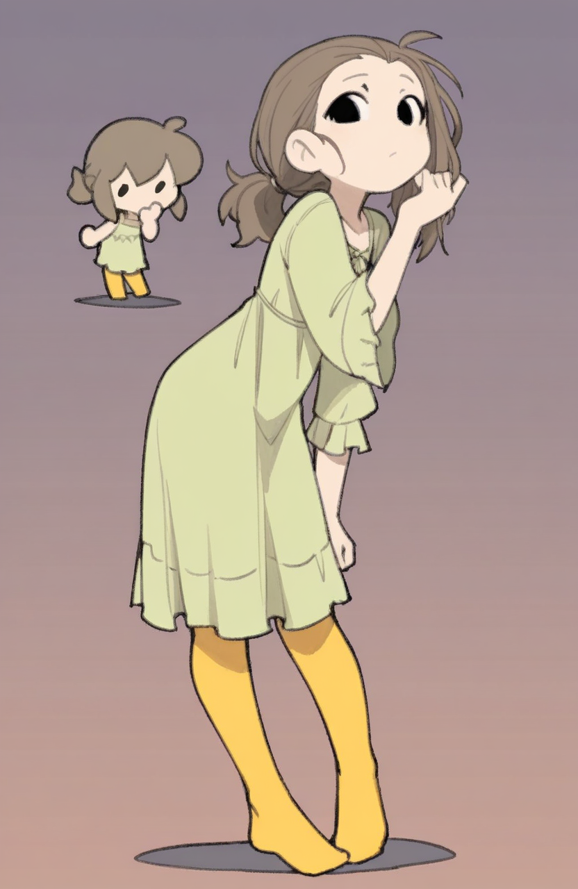 1girl, solo, chibi, petite, <lora:TemmieChang:1> tmchng, (adjusting hair, standing, contrapposto, hair behind ear, leaning forward, close up, hand on own hair, flirty expression:0.6),
brown hair, low ponytail, black eyes, green nightgown, yellow pantyhose, no shoes, extremely detailed, highres, masterpiece, best quality