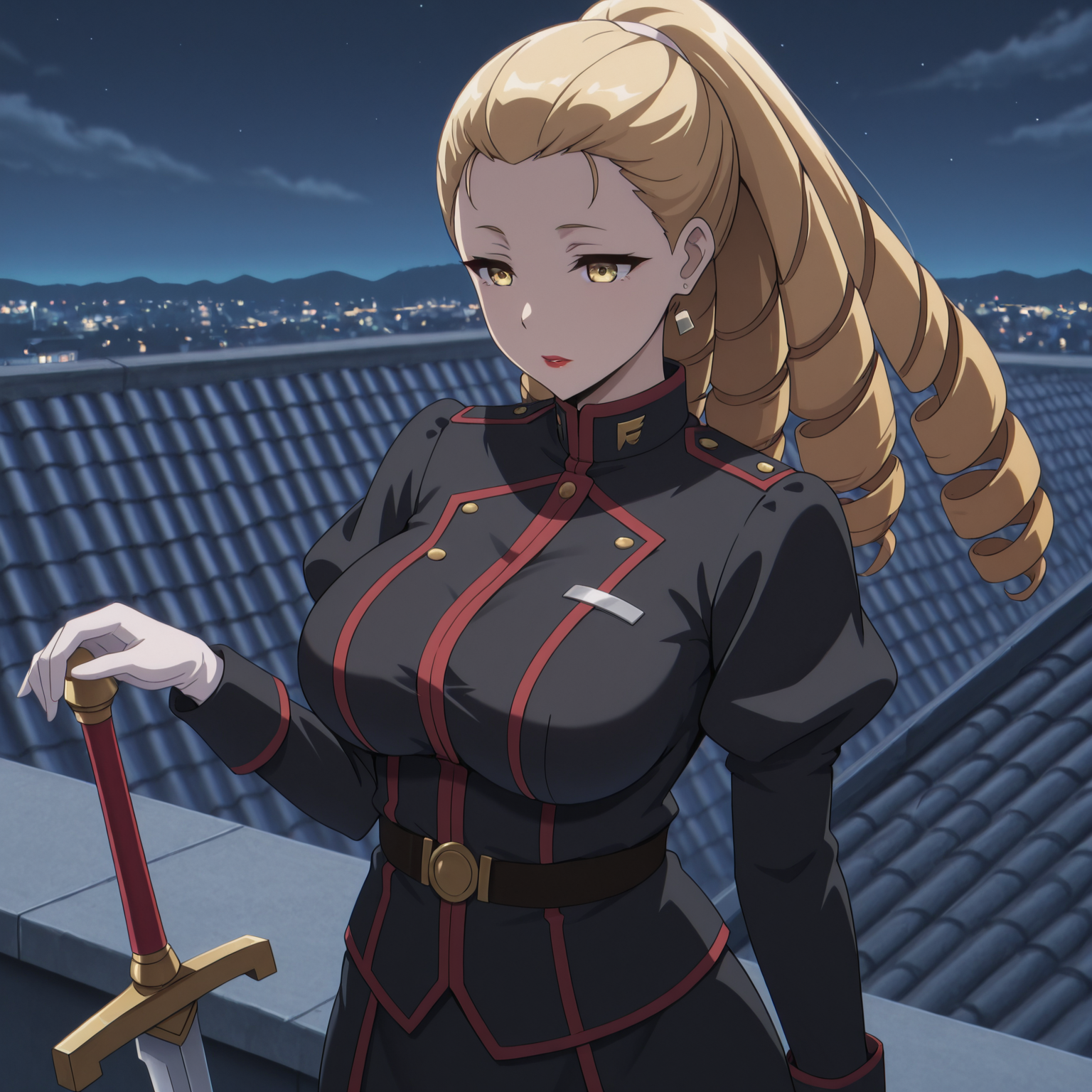 SimplepositiveXLv1, IllusP0s,  cowboy shot, 
BREAK
<lora:Reina_Oriana:1>, ReinaOriana, 1girl, solo, mature female, large breasts, blonde hair, yellow eyes, lipstick, drill hair, hair pulled back, ponytail, long hair, black miliary uniform, night, rooftop, sword,