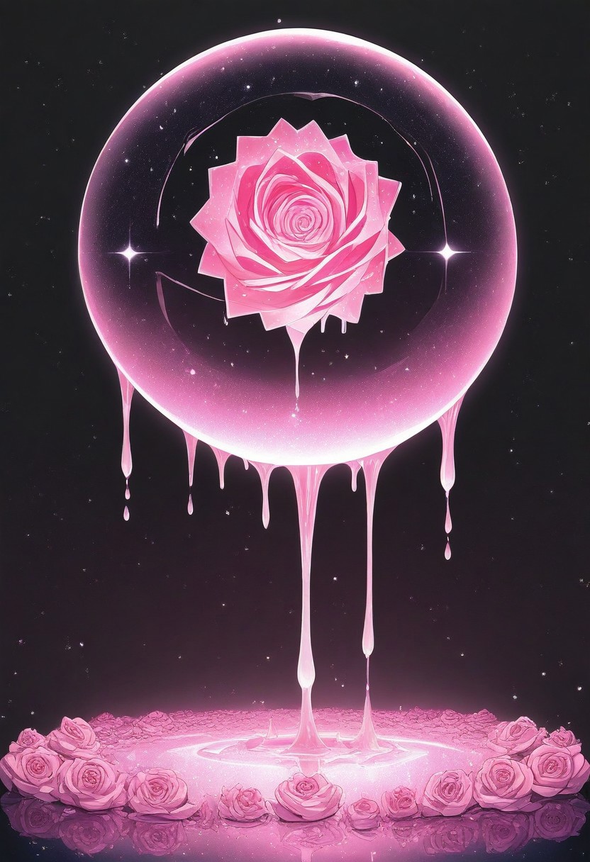 (masterpiece), best quality, Anime, Illustration, (Floating Sphere, Crystal, Magic, Reflection, Melting, Dripping, Pink Rose), Black Background, No Humans, Starry Theme, (Light Refraction), White and Pink Theme, Natural Lighting, symphtia-style